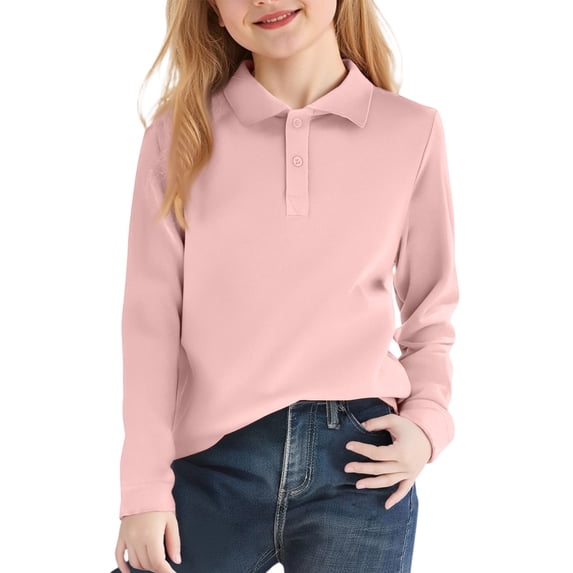 Girls' Long Sleeve Polo Shirt, Classic Collar School Uniform Top, Ribbed Cuffs Fall Casual, 120