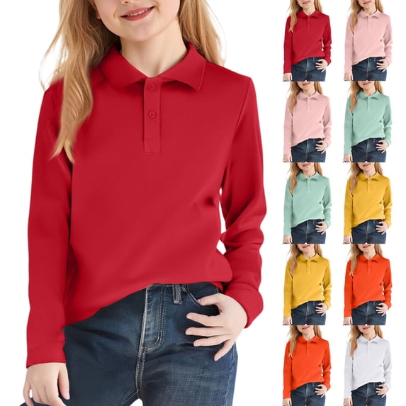 Girls' Long Sleeve Polo Shirt, Classic Collar School Uniform Top, Ribbed Cuffs Fall Casual, 120