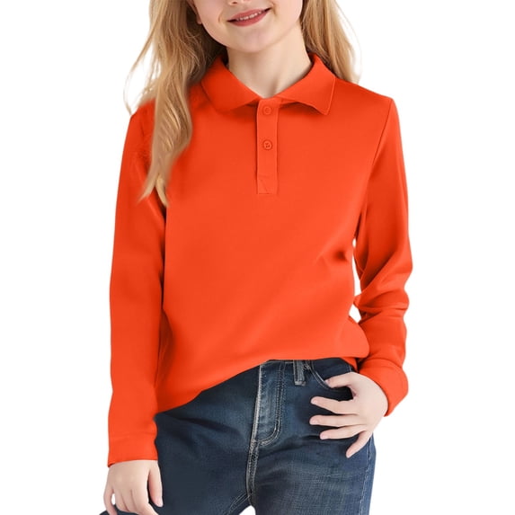 Girls' Long Sleeve Polo Shirt, Classic Collar School Uniform Top, Ribbed Cuffs Fall Casual, 150