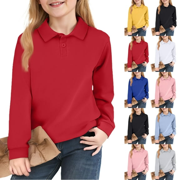 Girls' Long Sleeve Polo Shirt Classic Solid Color Soft School Uniform Top Comfortable Fit for Kids Pink 130