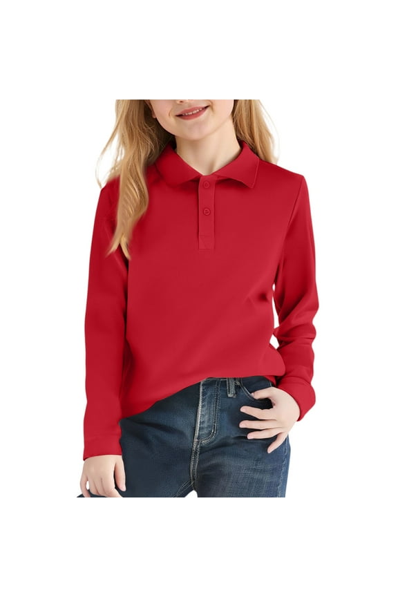 Girls' Long Sleeve Polo Shirt Classic Solid Color Soft School Uniform Tops for Kids Red 130