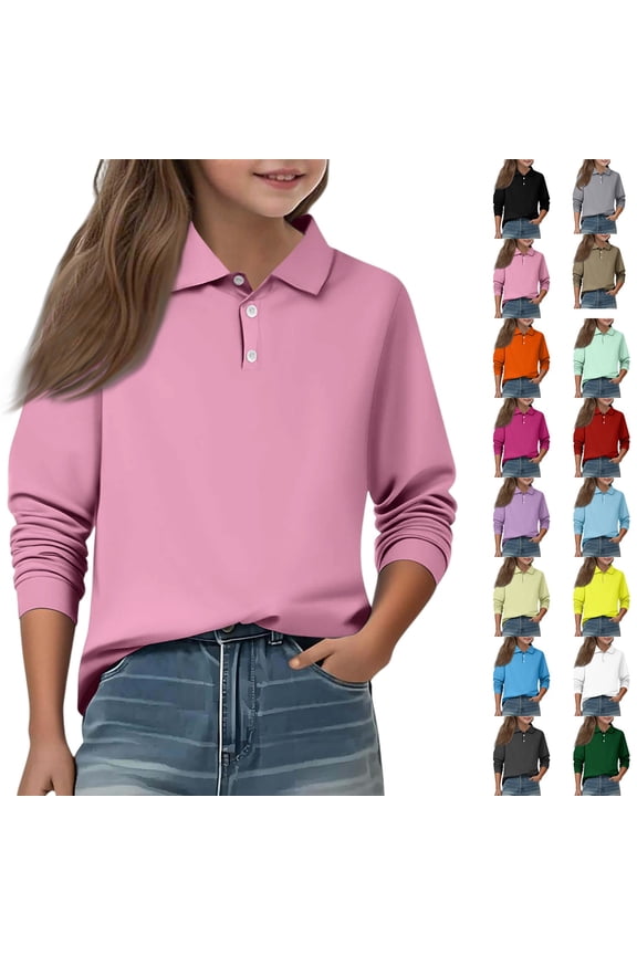 Girls' Long Sleeve Polo Shirt Classic Solid Color Soft Top School Uniform Casual Wear for Kids Gray 150