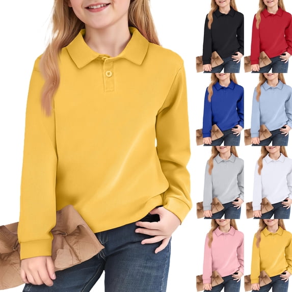 Girls Long Sleeve Polo Shirt Kids 2026 Fall Casual Shirts School Uniform Golf Tops Tees,Yellow,4-5 Years