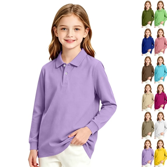 Girls Long Sleeve Polo Shirts Collared School Uniform Light Purple,9-10 Years