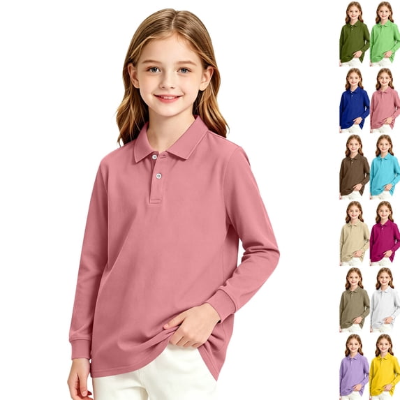 Girls Long Sleeve Polo Shirts Collared School Uniform Light pink,9-10 Years