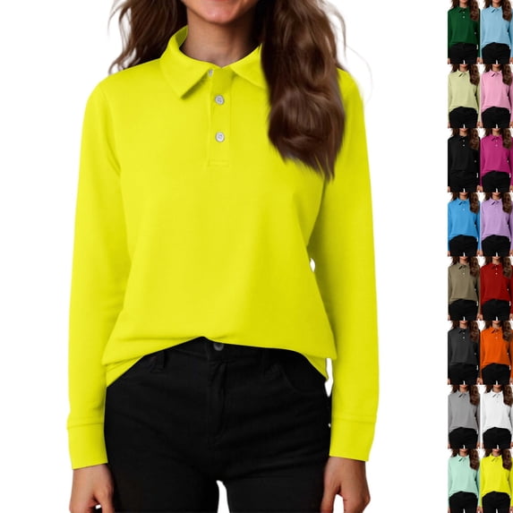 Girls Long Sleeve Polo Shirts Cotton Collared School Uniform Golf Shirt Casual Tops,Yellow,13-14 Years