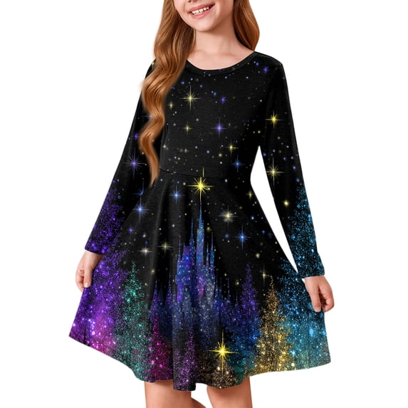 Girls' Long Sleeve Princess Dress - Fall Winter Heart Printed Christmas Dress A-Line T-Shirt Dress