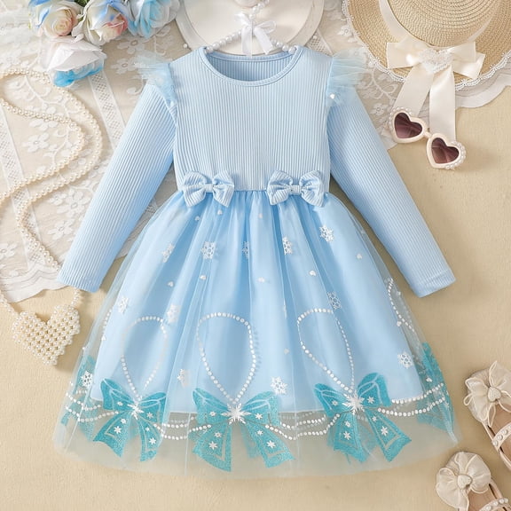 Girls Long Sleeve Princess Tulle Dress with Bows for Birthday Party, Sparkly Blue Tutu Dress for Kids Age 3-10 Years,Size 5-6 T
