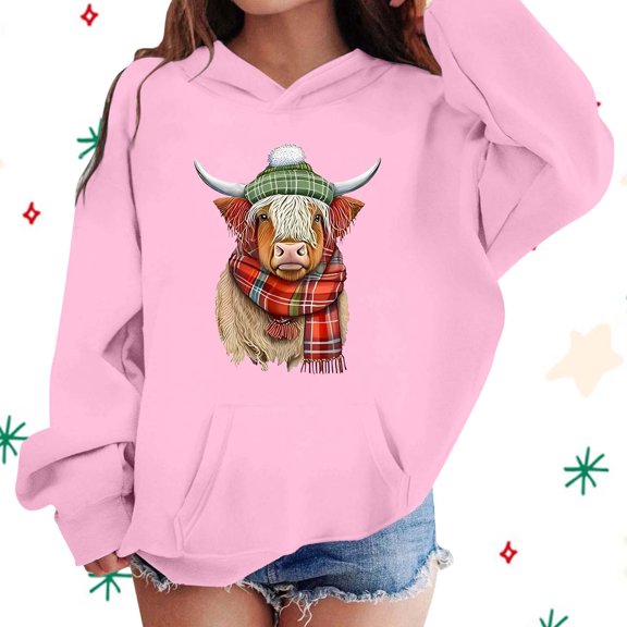 Girls Long Sleeve Pullovers Hoodies Cute Highland Cow Graphic Thick Sweatshirt (Pink 9-10 Years)