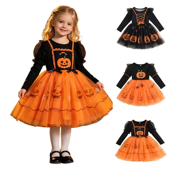 Girls Long Sleeve Pumpkin Print Tutu Tulle Dresses Pumpkin Halloween Party Clothes Halloween Outfit Girls Size 1-5 Years