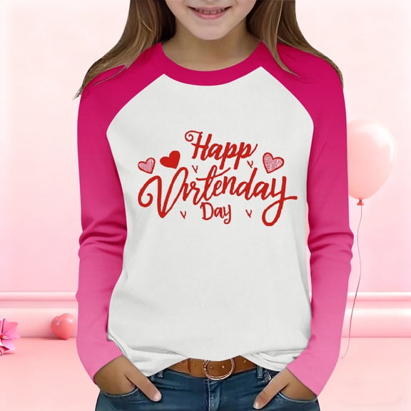 Girls' Long Sleeve Raglan Top Pink & White Valentine's Day Shirt with Hearts, Soft Stretch Polyester Spandex, Sizes 4-16,Size 14 T