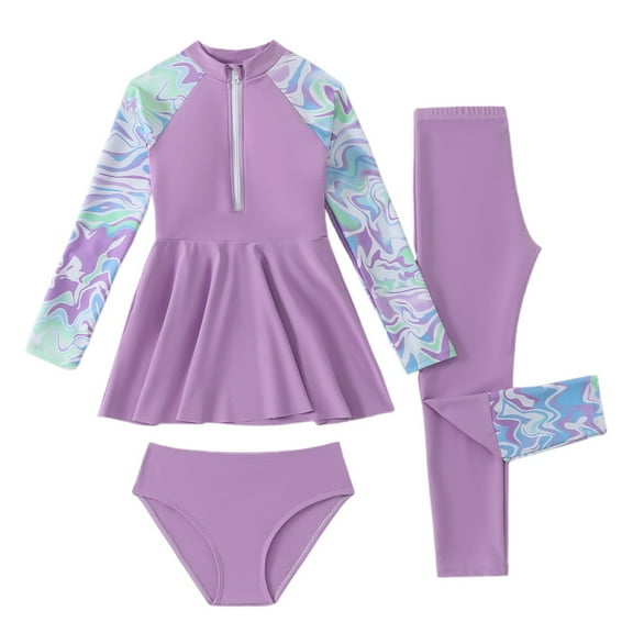 Girls Long Sleeve Rash Guard Girls Two Piece Swimsuits Bathing Suits for Teenagers 2 Piece Swimsuit Two Piece Rash Guard Swimsuit Set with Swim Cap for Swimming and Beach Activities