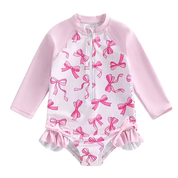 Girls Long Sleeve Rash Guard One Piece Swimsuit, Pink Bow Print with Ruffle Hem, UPF 50+ Front Zip Bathing Suit for Beach Pool(Pink,0-3 Months)