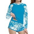 thumbnail image 1 of Girls Long Sleeve Rash Guard & Swim Shorts Set UPF 50+ Blue Tropical Print Sun Protection Swimwear 2 Piece,Size 12-13 T, 1 of 5