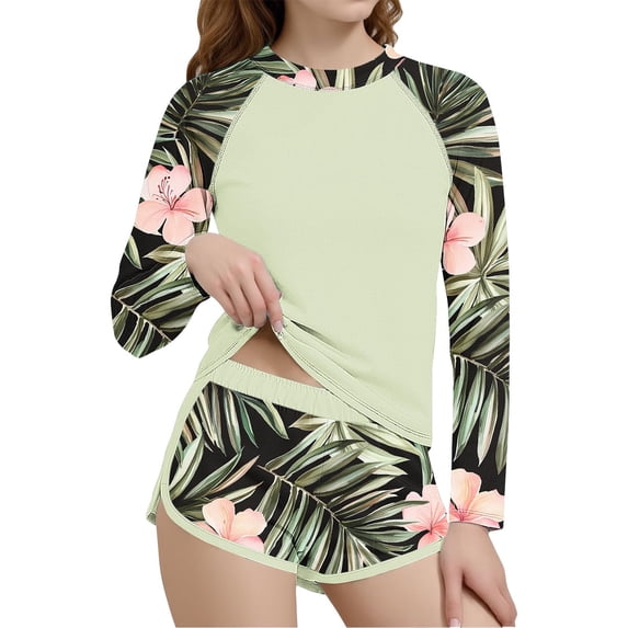 Girls Long Sleeve Rash Guard Swimsuit Set UPF 50+ Two Piece Swim Shirt & Shorts Tropical Floral Print,Size 8-9 T