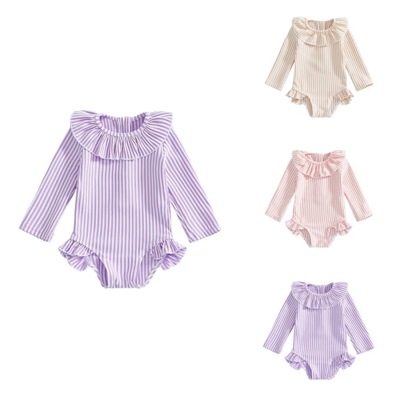 Girls Long Sleeve Rash Guard Swimsuit UPF 50 Sun Protection, Striped Ruffle One Piece Zipper Bathing Suit for Toddler Baby Beach Pool Swimwear