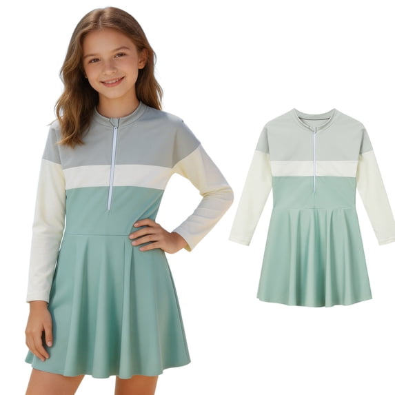 Girls Long Sleeve Rash Guard Swimsuit for Girls Swim Dress Color Block One Piece Swimsuit Bathing for Kids and