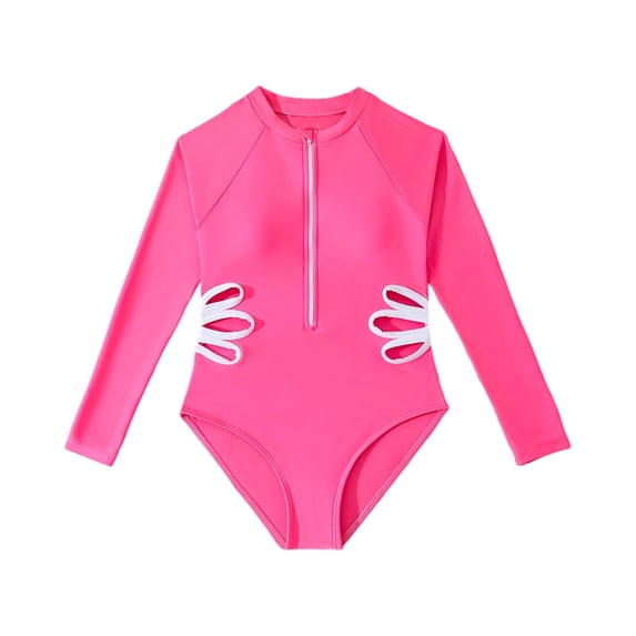Girls' Long Sleeve Rashguard One-piece Swimsuit, Quick-Drying Swimwear Sizes 2-12