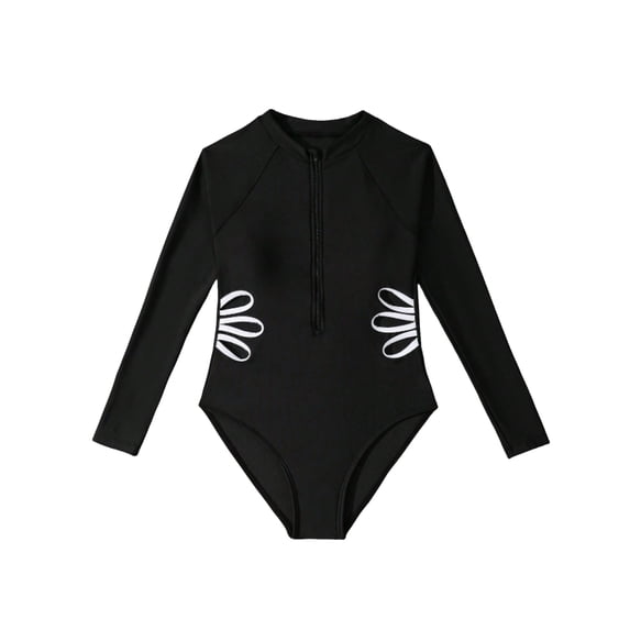Girls' Long Sleeve Rashguard One-piece Swimsuit, Quick-Drying Swimwear Sizes 2-12