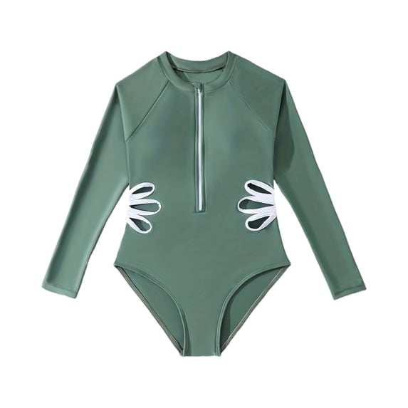 Girls' Long Sleeve Rashguard One-piece Swimsuit, Quick-Drying Swimwear Sizes 2-12