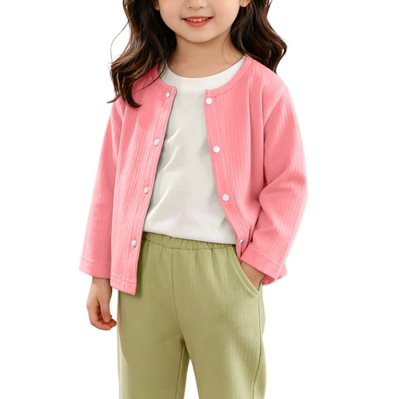 Girls Long Sleeve Ribbed Knit Cardigan Round Neck Snap‑Button Open Front Jacket Hot Pink 18-24 Months