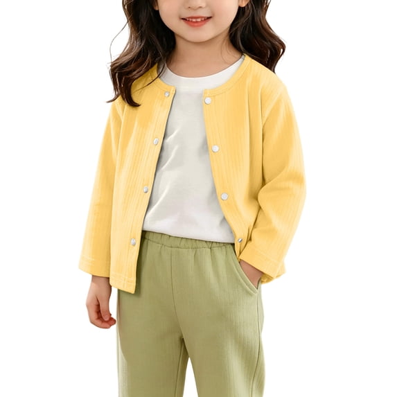 Girls Long Sleeve Ribbed Knit Cardigan Round Neck Snap‑Button Open Front Jacket Yellow 2-3 Years