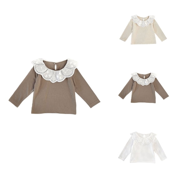 Girls Long Sleeve Ribbed Layering Tee with Peter Pan Collar & Lace Trim – Soft Stretch Basic Top for Toddler Everyday Casual Wear