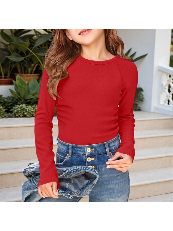 Girls Long Sleeve Ribbed Raglan Tee Stretchy Casual Basic Fit Crew Neck Shirt For Kids Youth Soft Shirts Tees Tops Girls ,Red,9-10 Years