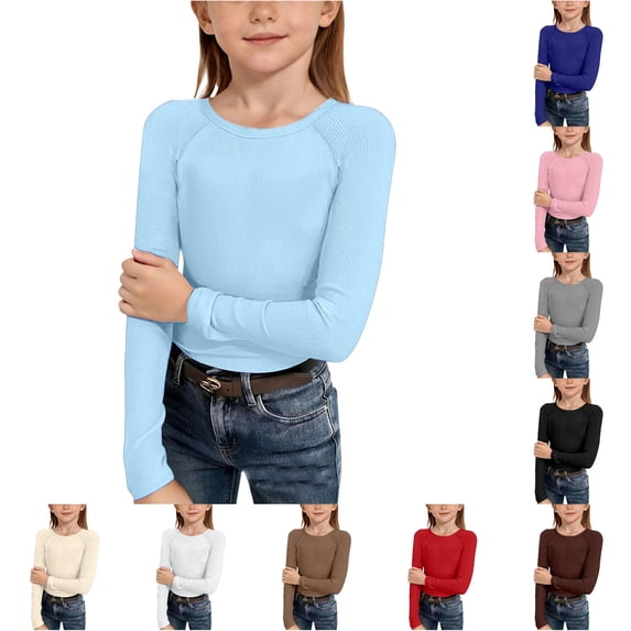 Girls Long Sleeve Ribbed Raglan Tee Stretchy Casual Basic Fit Crew Neck Shirt for Tween Youth 24 Months Girls Clothes Winter 11-12 Years