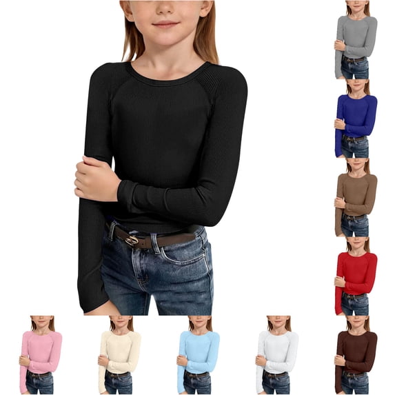 Girls Long Sleeve Ribbed Raglan Tee Stretchy Casual Basic Fit Crew Neck Shirt for Tween Youth 24 Months Girls Clothes Winter 13-14 Years