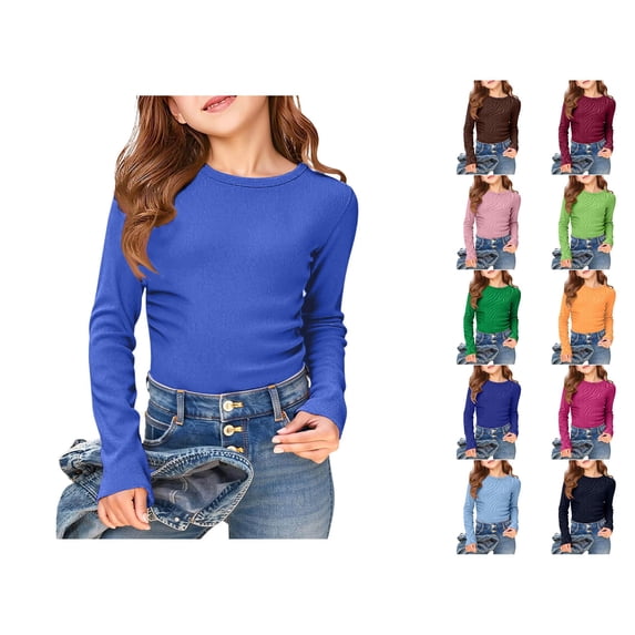 Girls Long Sleeve Ribbed Stretch Tee Slim Fit Casual Basic Top Comfortable Kids Shirt Winter Tops for Girls Athletic Apparel for Girls T Strap plus Size Girls Clothes Shirt Kids Running Shirts for
