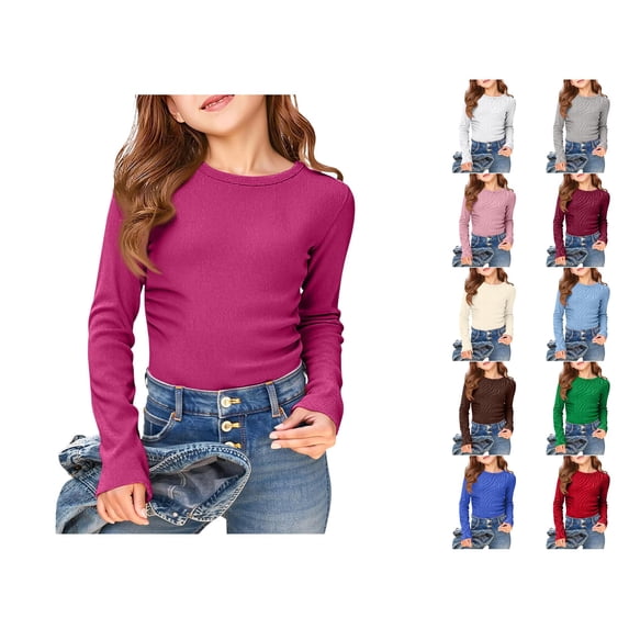 Girls Long Sleeve Ribbed Stretch Tee Slim Fit Casual Basic Top Comfortable Kids Shirt Winter Tops for Girls Athletic Apparel for Girls T Strap plus Size Girls Clothes Shirt Kids Running Shirts for