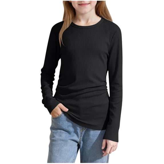 Girls Long Sleeve Ribbed T-shirts Kids Crewneck Side Ruched Basic Shirts Casual Layering Tops 5-16 Years