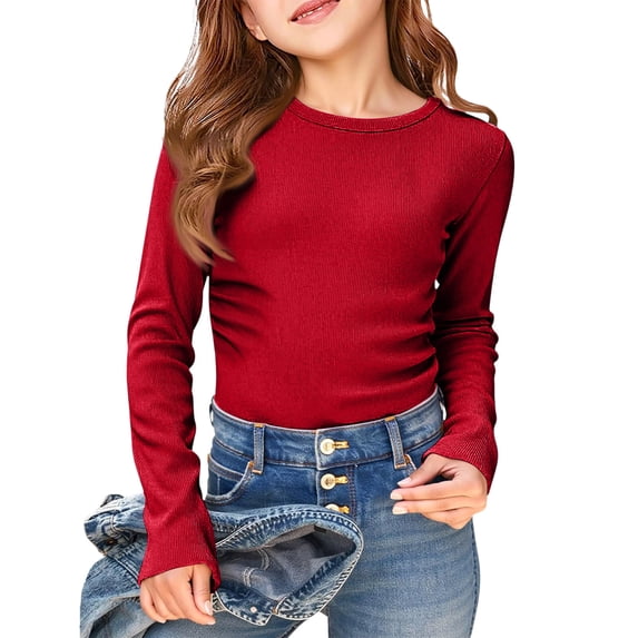 Girls Long Sleeve Ribbed Tee, Slim Fit Casual Stretch Top, Comfortable Basic Shirt, Form Fitting Turtleneck