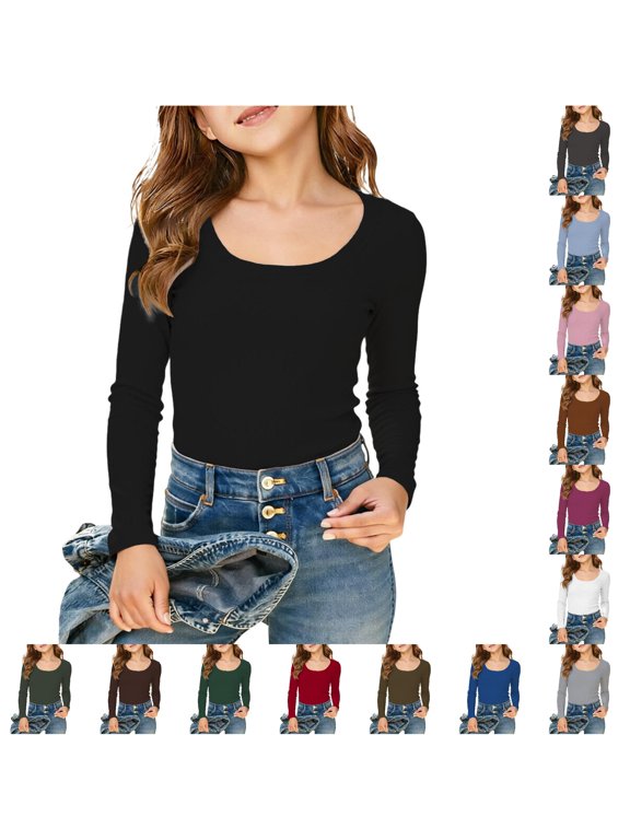 Girls Long Sleeve Ribbed U Neck Top for Girls - Slim Fit Basic Layering Tee for Everyday Casual Wear 5-14 Years