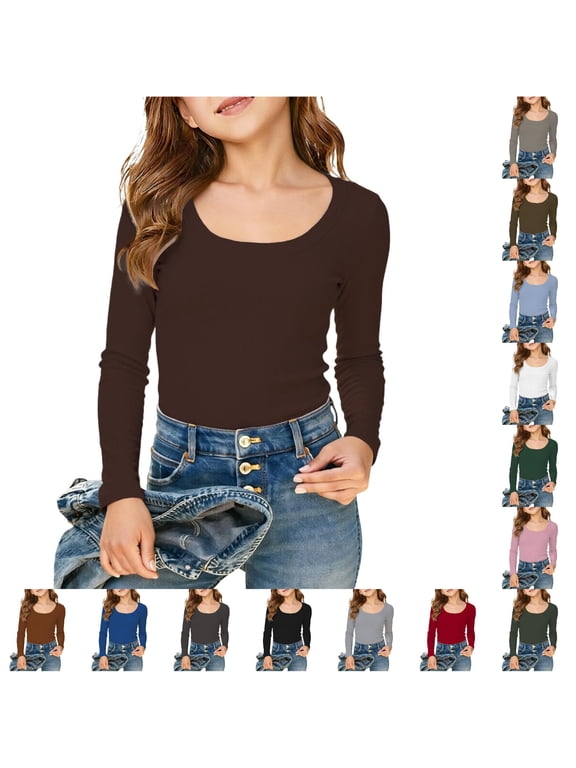 Girls Long Sleeve Ribbed U Neck Top for Girls - Slim Fit Basic Layering Tee for Everyday Casual Wear 5-14 Years
