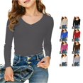 thumbnail image 1 of Girls Long Sleeve Ribbed V Neck T Shirt Comfortable Casual Top For Big Kids Tweens Soft Breathable Daily Wear Kids Summer Tops Crewneck Tees, 1 of 4