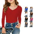 thumbnail image 1 of Girls Long Sleeve Ribbed V Neck T Shirt Comfortable Casual Top For Big Kids Tweens Soft Breathable Daily Wear Kids Summer Tops Crewneck Tees, 1 of 4