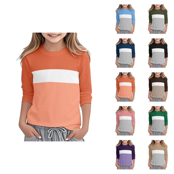 Girls Long Sleeve Round Neck Color Block Tee Soft Comfortable Casual Top for Toddler Kids Stylish Everyday Wear