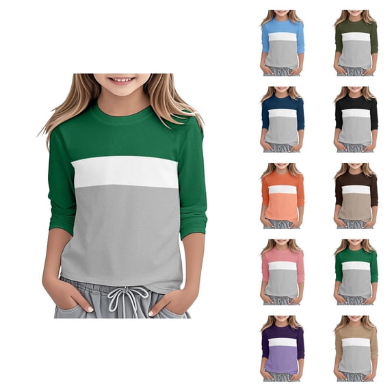 Girls Long Sleeve Round Neck Color Block Tee Soft Comfortable Casual Top for Toddler Kids Stylish Everyday Wear