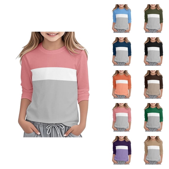 Girls Long Sleeve Round Neck Color Block Tee Soft Comfortable Casual Top for Toddler Kids Stylish Everyday Wear