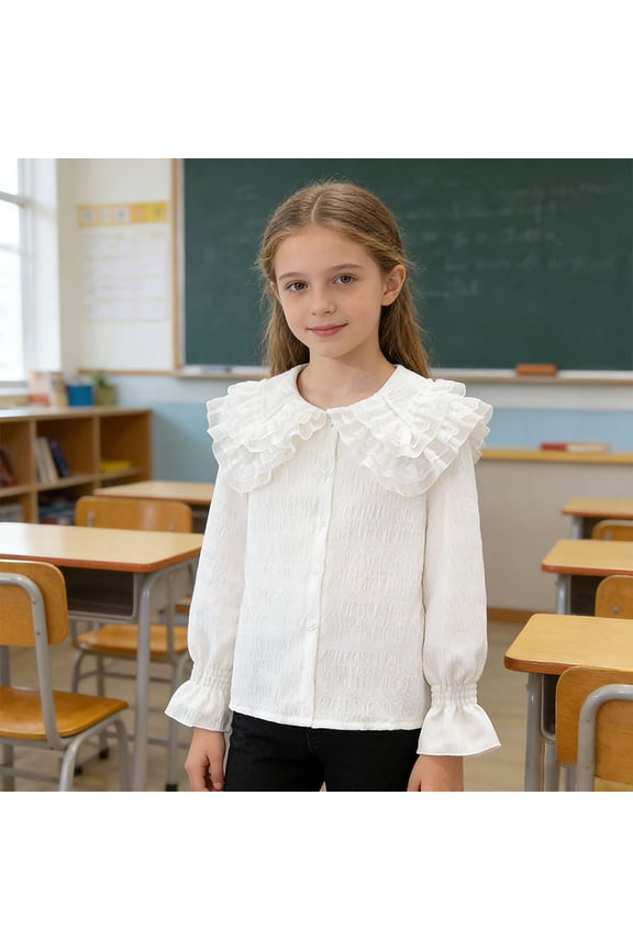 Girls Long Sleeve Ruffle Collar Button Down Blouse Top White School Uniform Shirt with Smocked Cuffs Sizes 4-16,Size 5 T