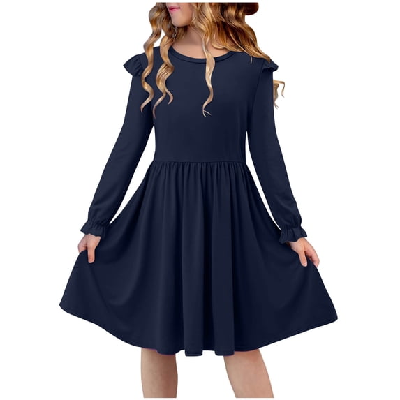 Girls Long Sleeve Ruffle Dress A-Line Church Party School Soft Comfortable Stretchy Navy Sizes 5-16 Years,Size 14-15 T