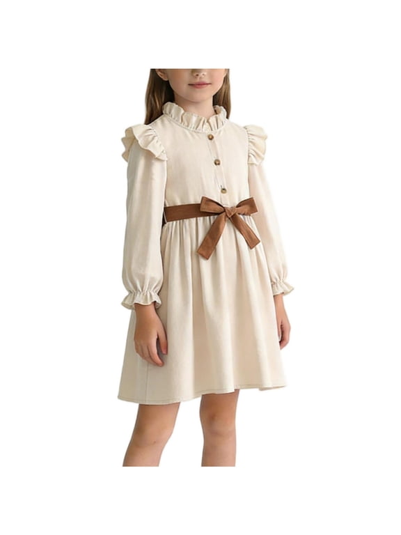 Girls Long Sleeve Ruffle Dress with Belt Vintage Style Beige Party Easter Church Dress for Kids Little Kids 2-8 Years,Size 5-6T