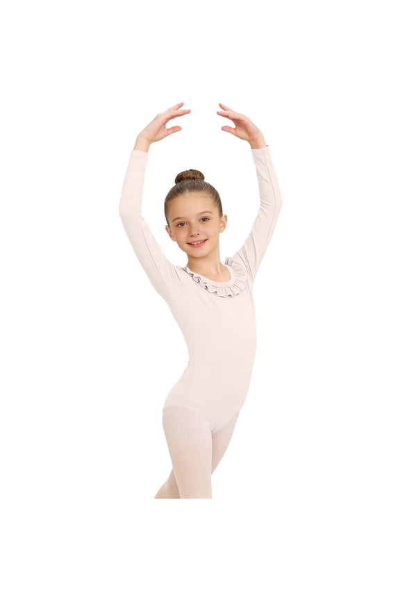 Girls Long Sleeve Ruffle Leotard Nylon Spandex Stretchy Moisture Wicking Ballet Gymnastics Dancewear for Kids Ages 3-15 White,Size 5-6 T