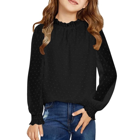 Girls Long Sleeve Ruffle Neck Lightweight Sheer Mesh Blouse with Polka Dot Pattern Casual Top