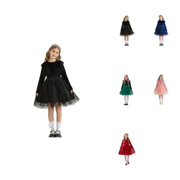 Girls Long Sleeve Ruffled Velvet Tulle Princess Party Dress with Starry Design for Holiday & Performance, Ages 2-10Y