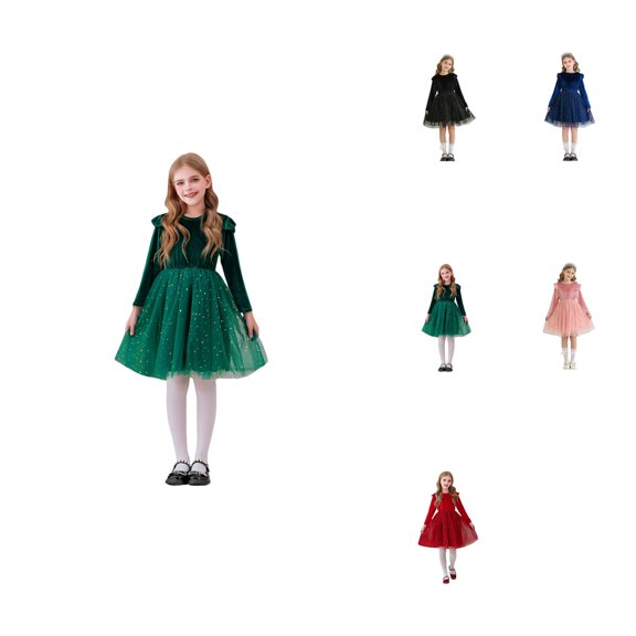 Girls Long Sleeve Ruffled Velvet Tulle Princess Party Dress with Starry Design for Holiday & Performance, Ages 2-10Y