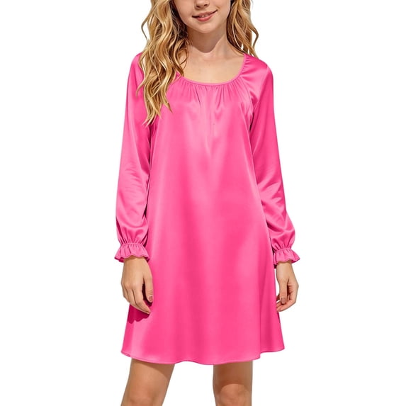Girls Long Sleeve Satin Dress, Summer Fall Round Neck Ruffle Cuff Loose Silk Dress Hot Pink 11-12Years