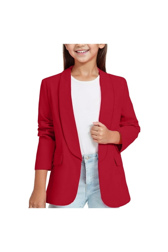 Girls Long Sleeve Shawl Collar Blazer with Inner Pocket Formal Jacket for Kids School Events Lightweight Comfortable Fall Layering,Color:1 Red,Size:11-12 Years